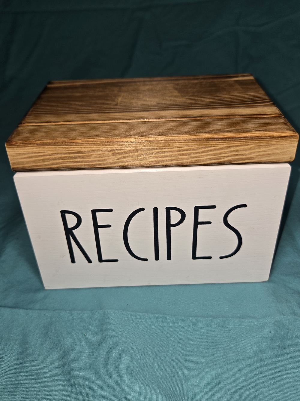 Wood-Topped White Recipe Box - Classic Kitchen Storage